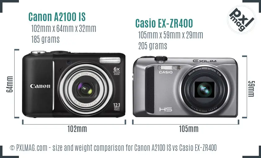 Canon A2100 IS vs Casio EX-ZR400 size comparison