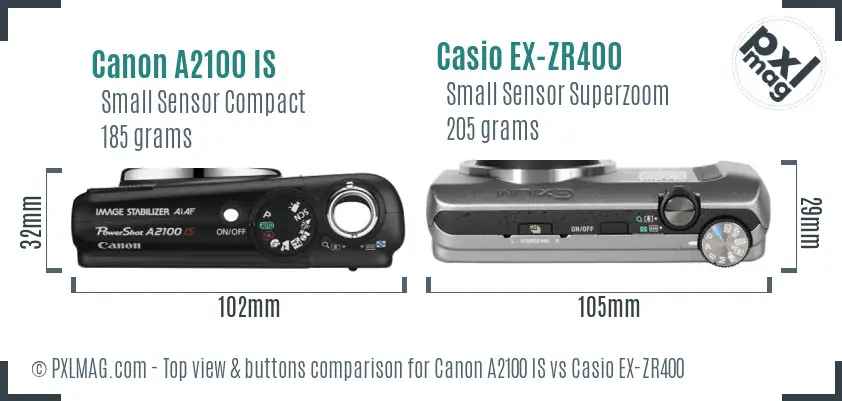 Canon A2100 IS vs Casio EX-ZR400 top view buttons comparison