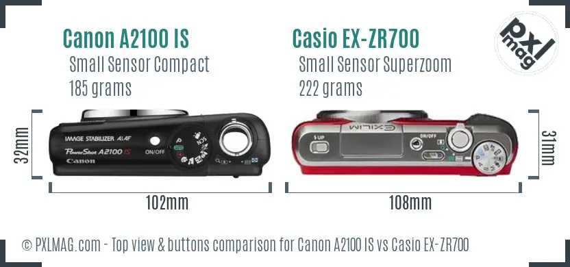 Canon A2100 IS vs Casio EX-ZR700 top view buttons comparison