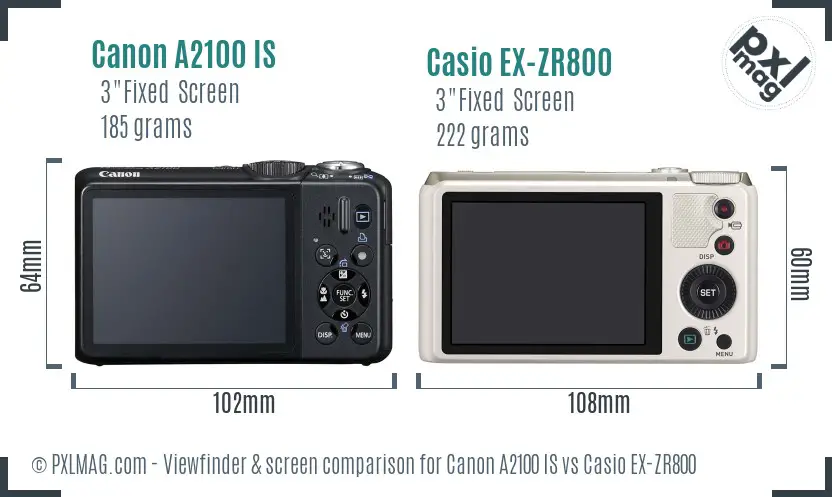 Canon A2100 IS vs Casio EX-ZR800 Screen and Viewfinder comparison