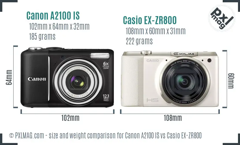 Canon A2100 IS vs Casio EX-ZR800 size comparison