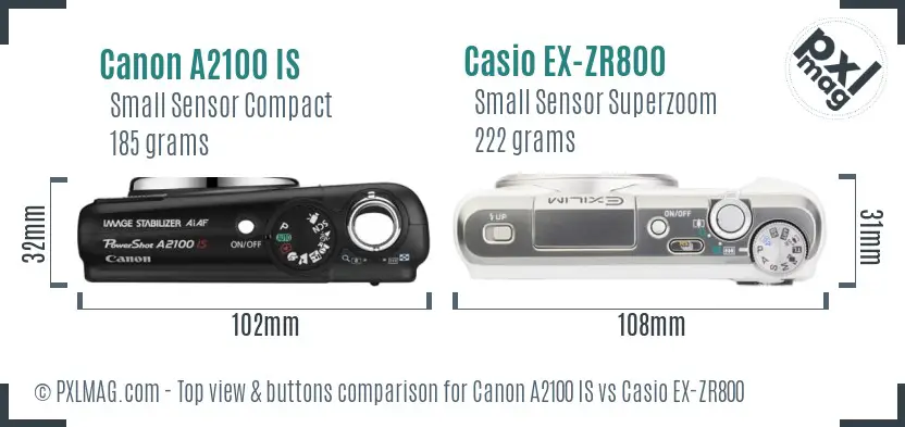 Canon A2100 IS vs Casio EX-ZR800 top view buttons comparison