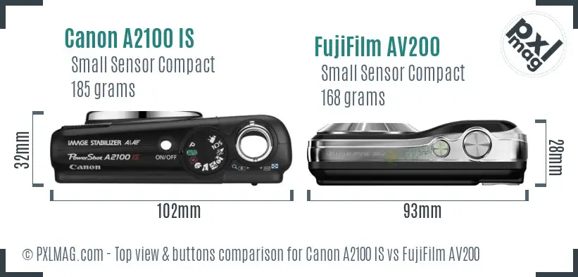 Canon A2100 IS vs FujiFilm AV200 top view buttons comparison