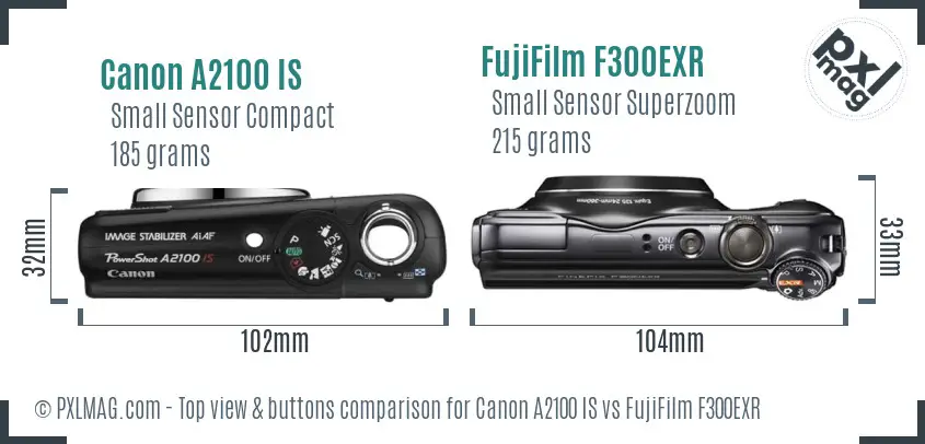 Canon A2100 IS vs FujiFilm F300EXR top view buttons comparison
