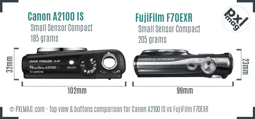 Canon A2100 IS vs FujiFilm F70EXR top view buttons comparison