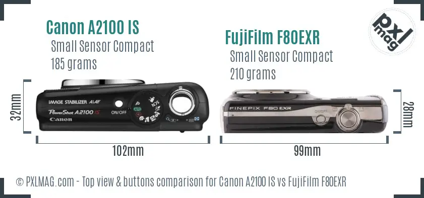 Canon A2100 IS vs FujiFilm F80EXR top view buttons comparison