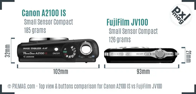 Canon A2100 IS vs FujiFilm JV100 top view buttons comparison Canon A2100 IS vs FujiFilm JV100 top view buttons comparison