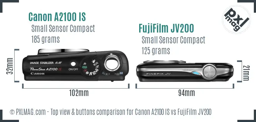 Canon A2100 IS vs FujiFilm JV200 top view buttons comparison