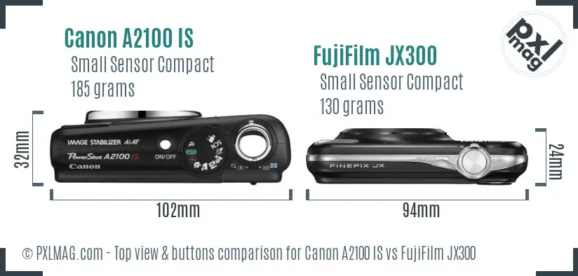 Canon A2100 IS vs FujiFilm JX300 top view buttons comparison Canon A2100 IS vs FujiFilm JX300 top view buttons comparison