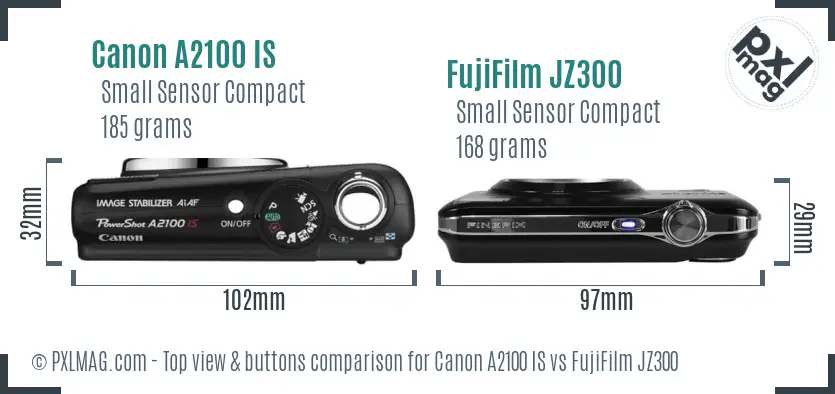 Canon A2100 IS vs FujiFilm JZ300 top view buttons comparison