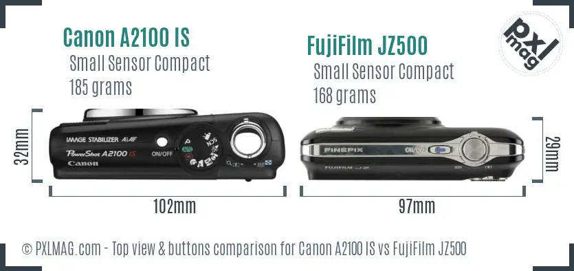 Canon A2100 IS vs FujiFilm JZ500 top view buttons comparison