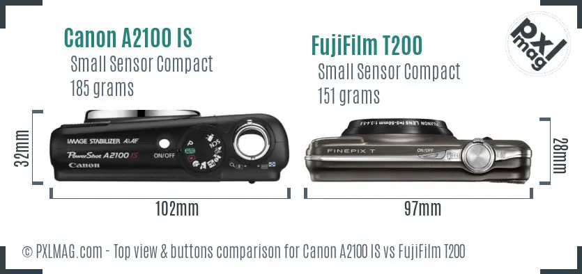 Canon A2100 IS vs FujiFilm T200 top view buttons comparison