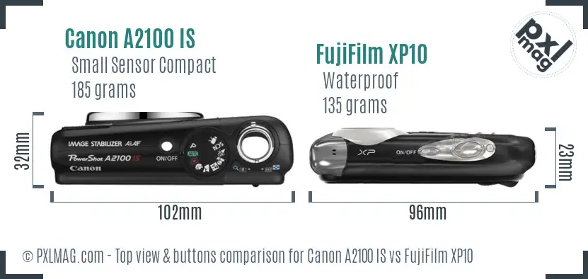 Canon A2100 IS vs FujiFilm XP10 top view buttons comparison