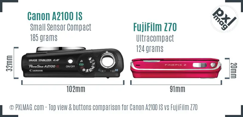 Canon A2100 IS vs FujiFilm Z70 top view buttons comparison Canon A2100 IS vs FujiFilm Z70 top view buttons comparison