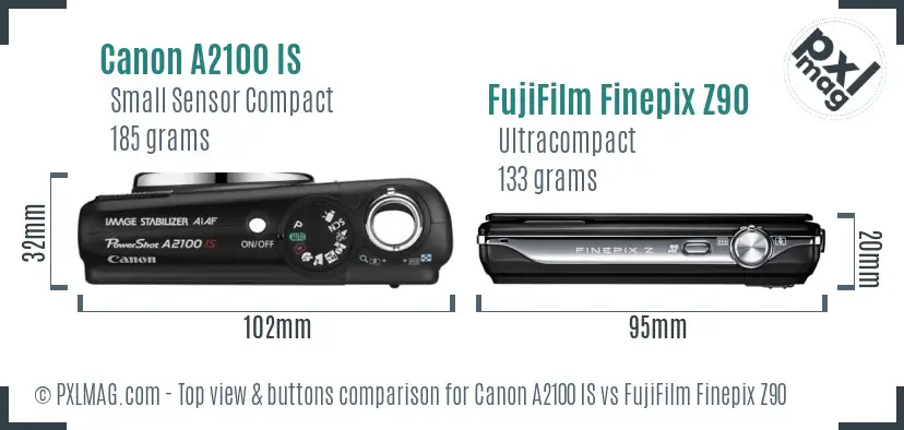 Canon A2100 IS vs FujiFilm Finepix Z90 top view buttons comparison Canon A2100 IS vs FujiFilm Finepix Z90 top view buttons comparison