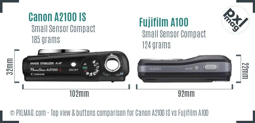 Canon A2100 IS vs Fujifilm A100 top view buttons comparison Canon A2100 IS vs Fujifilm A100 top view buttons comparison