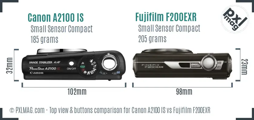 Canon A2100 IS vs Fujifilm F200EXR top view buttons comparison Canon A2100 IS vs Fujifilm F200EXR top view buttons comparison