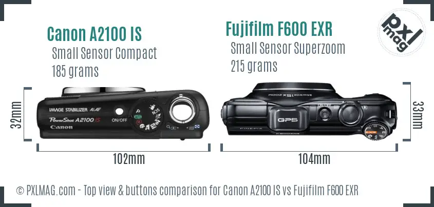 Canon A2100 IS vs Fujifilm F600 EXR top view buttons comparison Canon A2100 IS vs Fujifilm F600 EXR top view buttons comparison