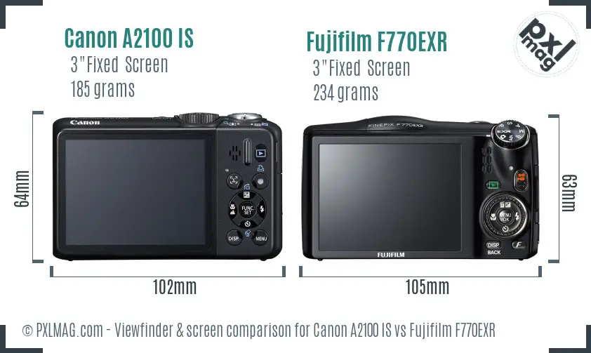 Canon A2100 IS vs Fujifilm F770EXR Screen and Viewfinder comparison