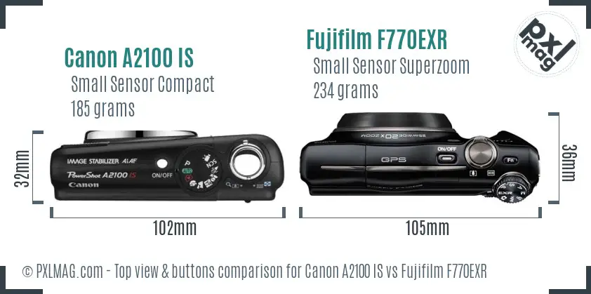 Canon A2100 IS vs Fujifilm F770EXR top view buttons comparison