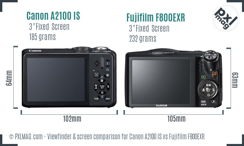 Canon A2100 IS vs Fujifilm F800EXR Screen and Viewfinder comparison