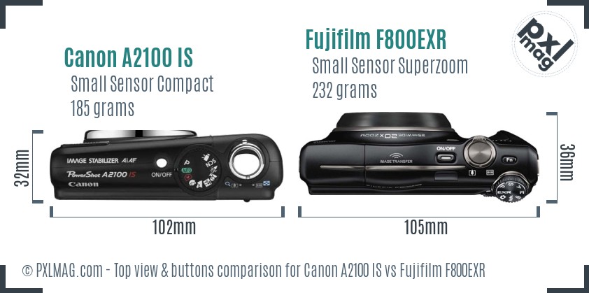 Canon A2100 IS vs Fujifilm F800EXR top view buttons comparison