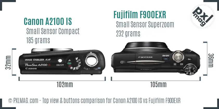 Canon A2100 IS vs Fujifilm F900EXR top view buttons comparison