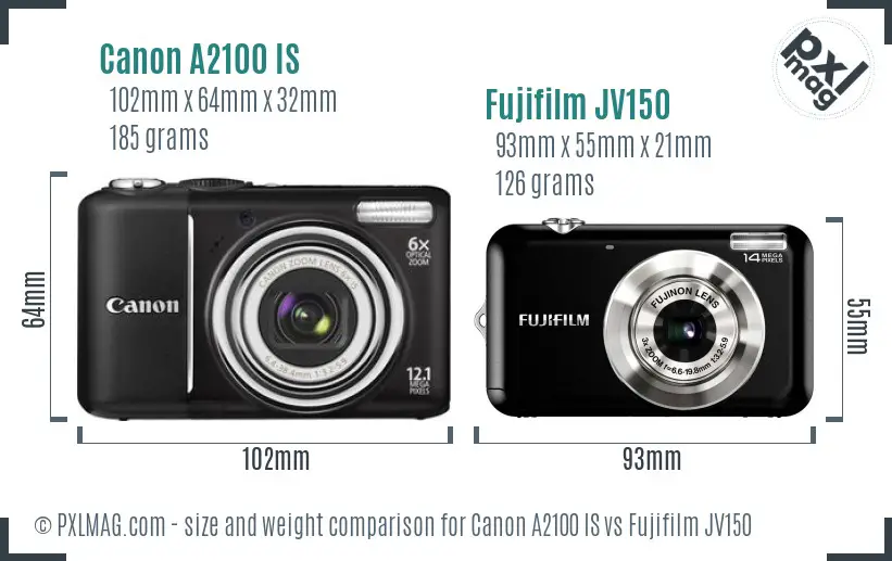 Canon A2100 IS vs Fujifilm JV150 size comparison
