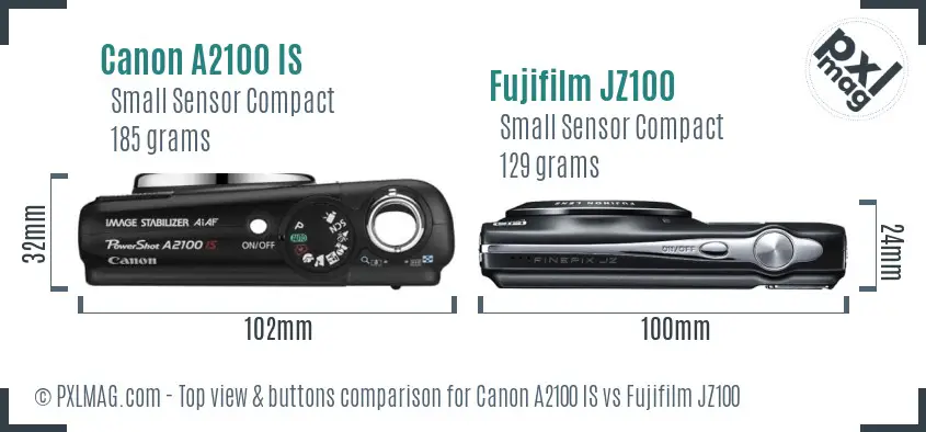 Canon A2100 IS vs Fujifilm JZ100 top view buttons comparison Canon A2100 IS vs Fujifilm JZ100 top view buttons comparison