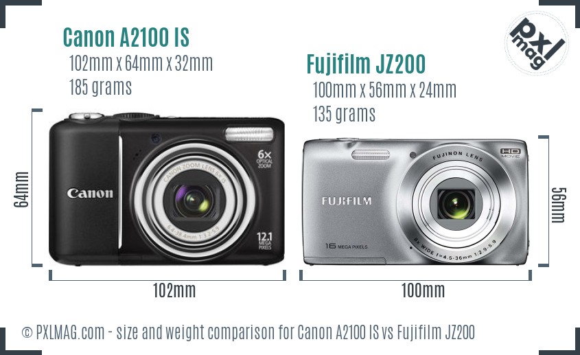 Canon A2100 IS vs Fujifilm JZ200 size comparison