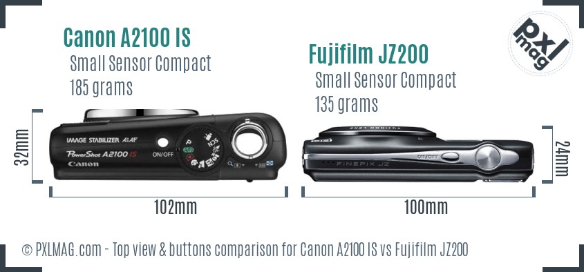 Canon A2100 IS vs Fujifilm JZ200 top view buttons comparison