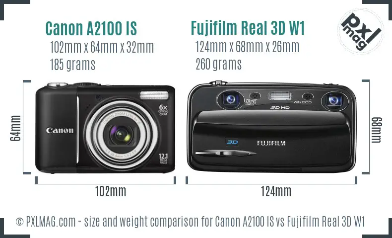 Canon A2100 IS vs Fujifilm Real 3D W1 size comparison