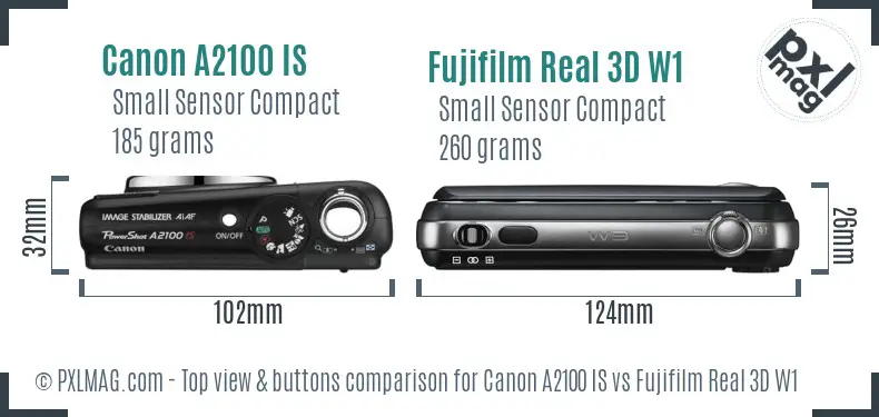 Canon A2100 IS vs Fujifilm Real 3D W1 top view buttons comparison