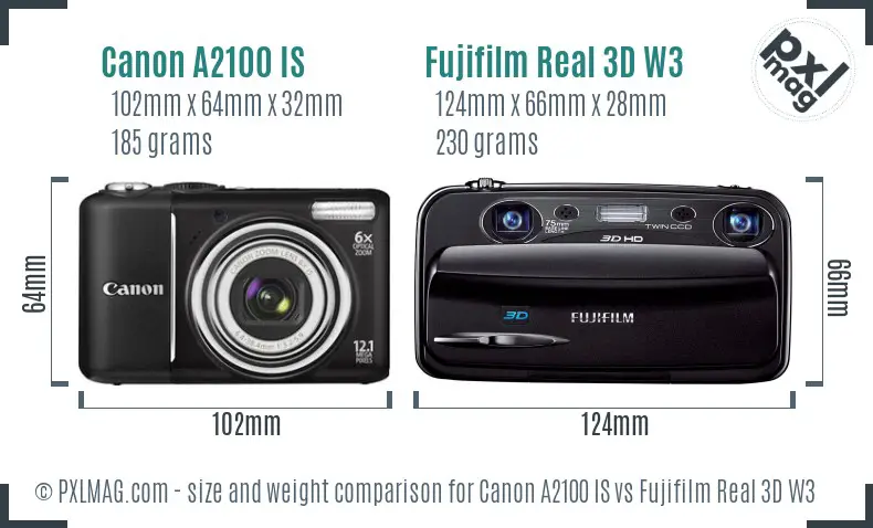 Canon A2100 IS vs Fujifilm Real 3D W3 size comparison