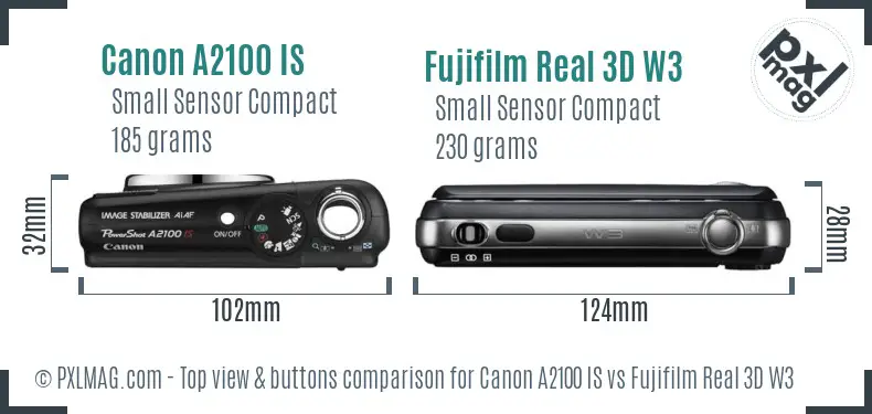 Canon A2100 IS vs Fujifilm Real 3D W3 top view buttons comparison