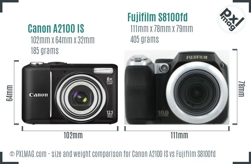Canon A2100 IS vs Fujifilm S8100fd size comparison