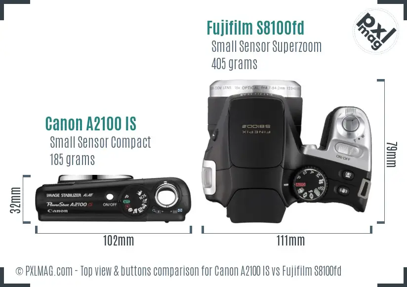 Canon A2100 IS vs Fujifilm S8100fd top view buttons comparison
