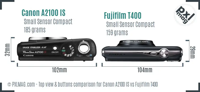 Canon A2100 IS vs Fujifilm T400 top view buttons comparison