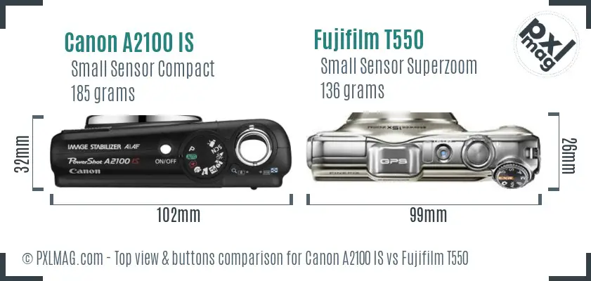 Canon A2100 IS vs Fujifilm T550 top view buttons comparison