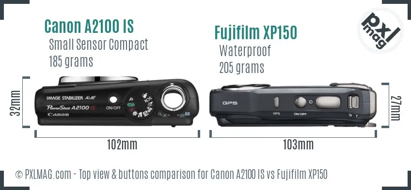 Canon A2100 IS vs Fujifilm XP150 top view buttons comparison