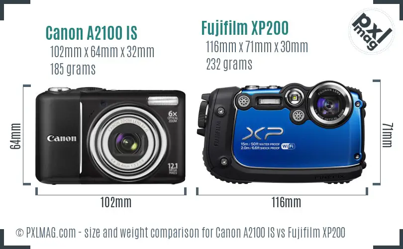 Canon A2100 IS vs Fujifilm XP200 size comparison