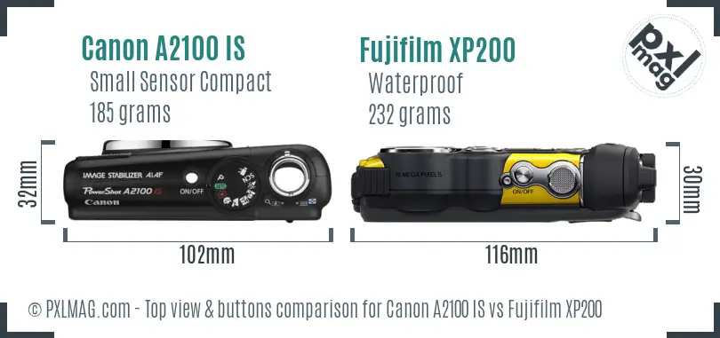 Canon A2100 IS vs Fujifilm XP200 top view buttons comparison