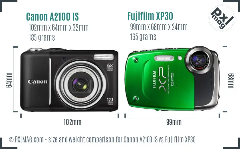 Canon A2100 IS vs Fujifilm XP30 size comparison Canon A2100 IS vs Fujifilm XP30 size comparison