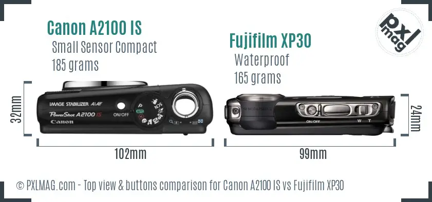 Canon A2100 IS vs Fujifilm XP30 top view buttons comparison Canon A2100 IS vs Fujifilm XP30 top view buttons comparison