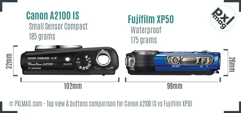 Canon A2100 IS vs Fujifilm XP50 top view buttons comparison