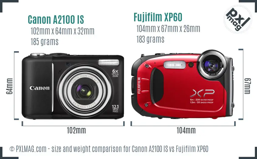 Canon A2100 IS vs Fujifilm XP60 size comparison