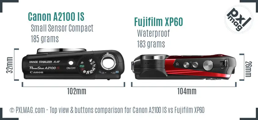 Canon A2100 IS vs Fujifilm XP60 top view buttons comparison
