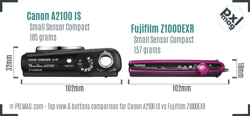 Canon A2100 IS vs Fujifilm Z1000EXR top view buttons comparison