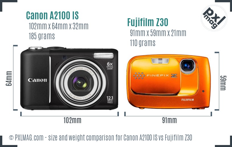 Canon A2100 IS vs Fujifilm Z30 size comparison