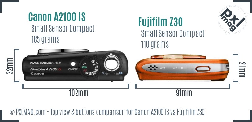 Canon A2100 IS vs Fujifilm Z30 top view buttons comparison